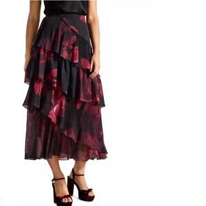 NWT Ted Baker Asymmetric Tiered Midi Ruffle Red Floral Skirt Black Chiffon Sz S